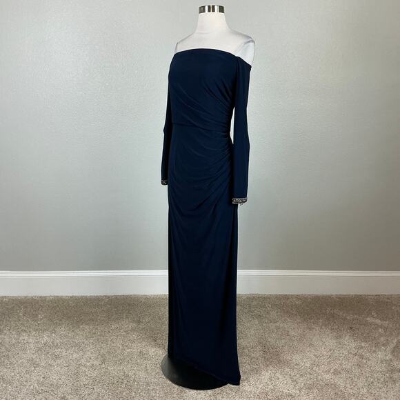 Adrianna Papell Women's Formal Dress Size 10 Blue Off the Shoulder Long Gown - Picture 2 of 14
